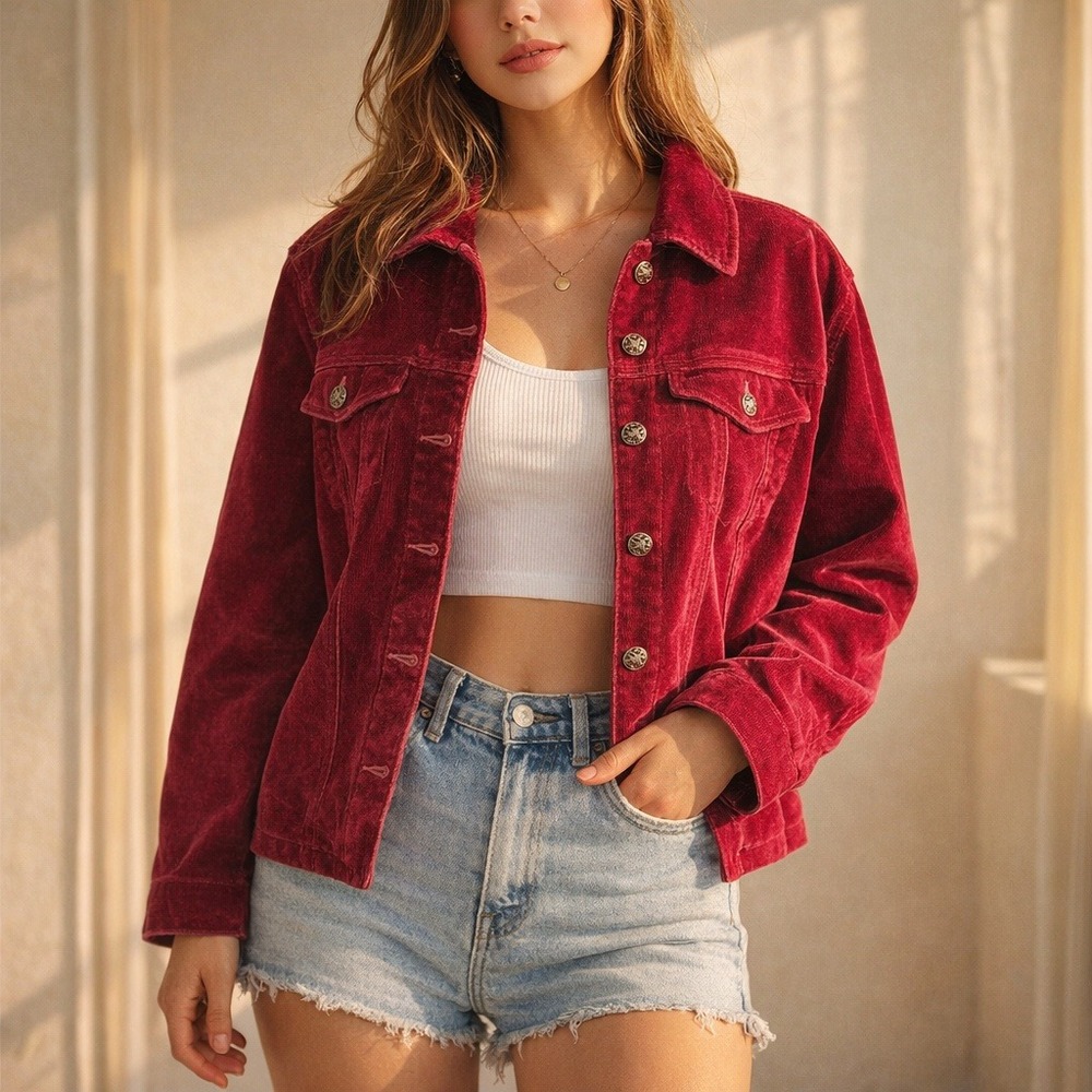 Vtg 90s Y2K A.M.I. Red Corduroy Trucker Jacket Womens M/L Velvet Trim Hong Kong